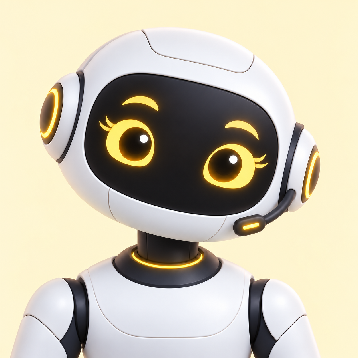Cassie, Skyebase’s friendly golden-eyed robot Customer Service Agent wearing a headset