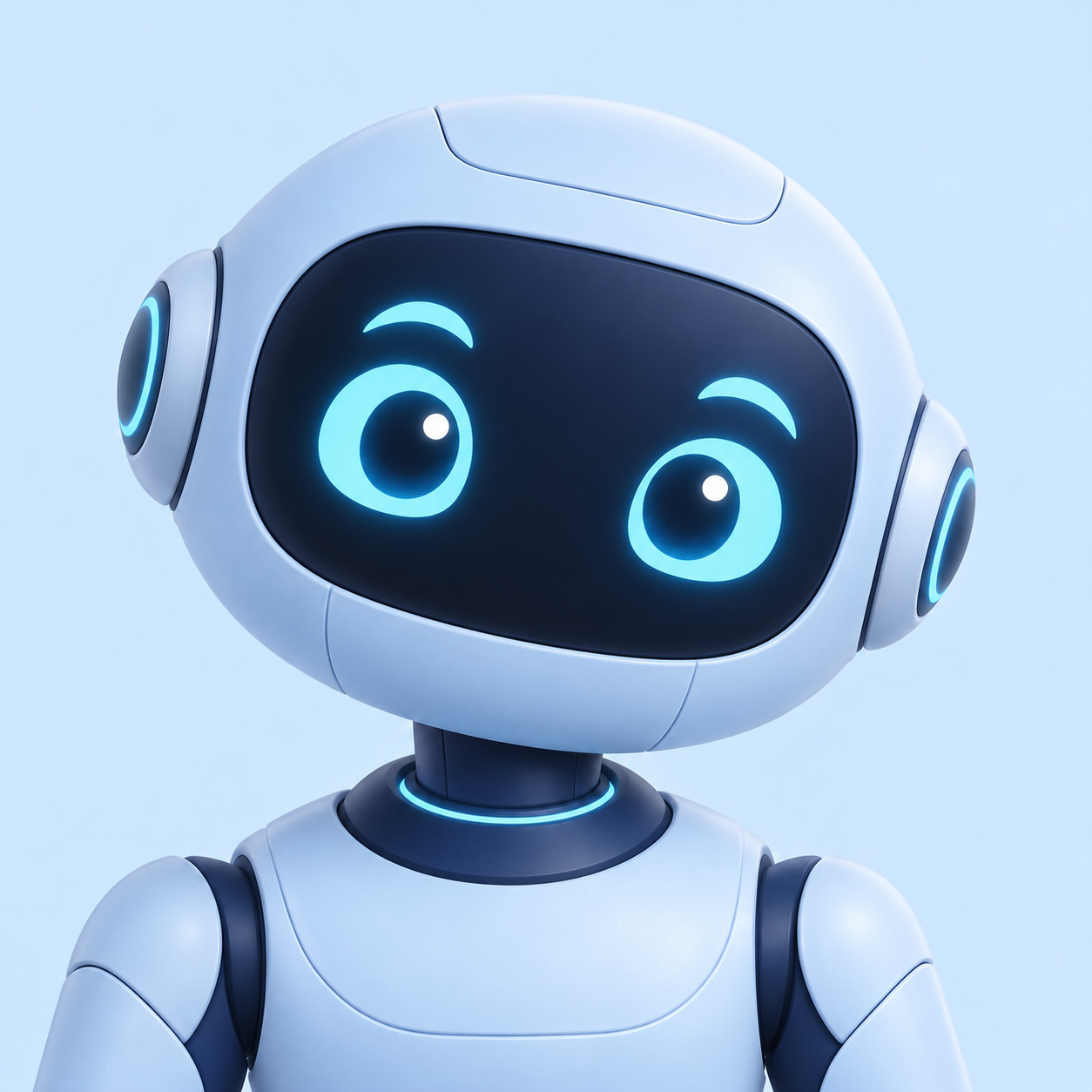 Maksie, a friendly blue-eyed robot